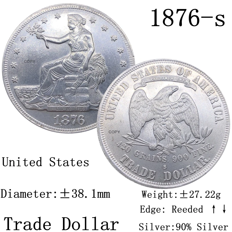 United States Of America 1876 S USA Trade One Dollar 90% Silver Copy Coin In God We Trust Collection Commemorative Coins | Дом и сад