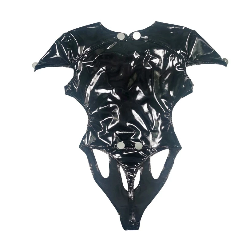 

Sexy Black Gothic Bodysuit Faux Latex Oil Shiny Jumpsuit Hollow Out Bandage Bodycon Leotard For Women Shapewear Club Night Wear