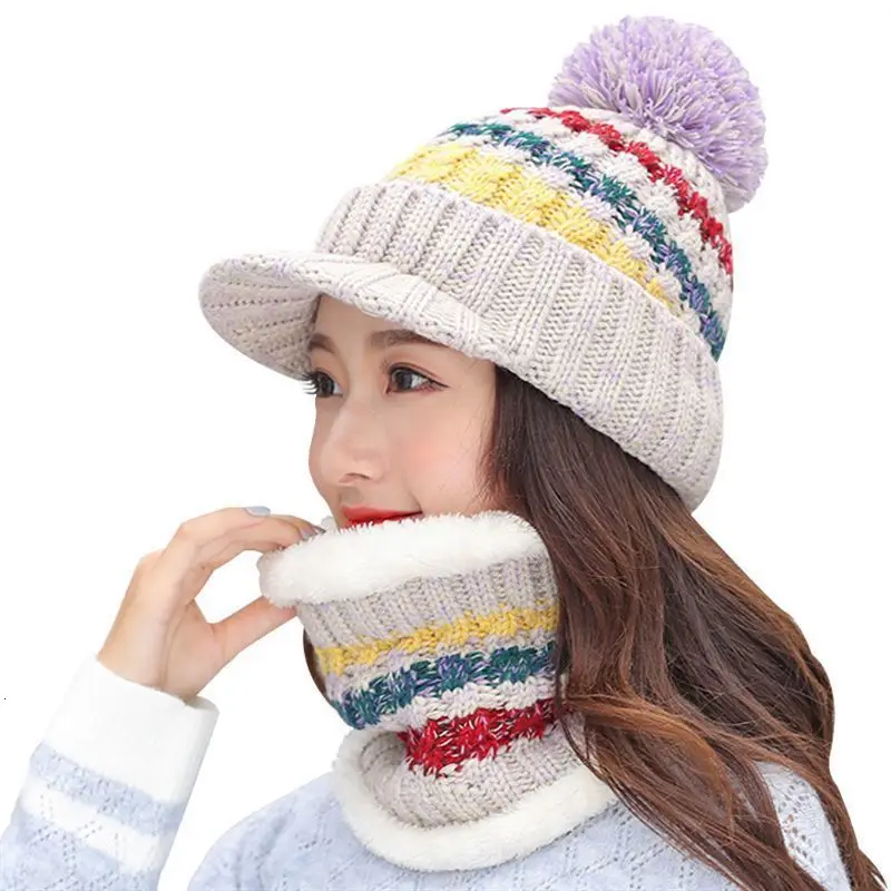 -Winter-Women-Knitted-Hat-Scarf-2Pcs-Set-Fashion-Wool-Thickening-Hat-Collars-Female-Warm-Hat