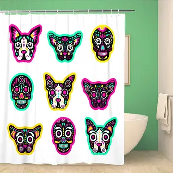 

Bathroom Shower Curtain Patch Badges Dogs Bulldog Skulls Calavera Very Large 72x78 inches Waterproof Bath Curtain Set with Hooks