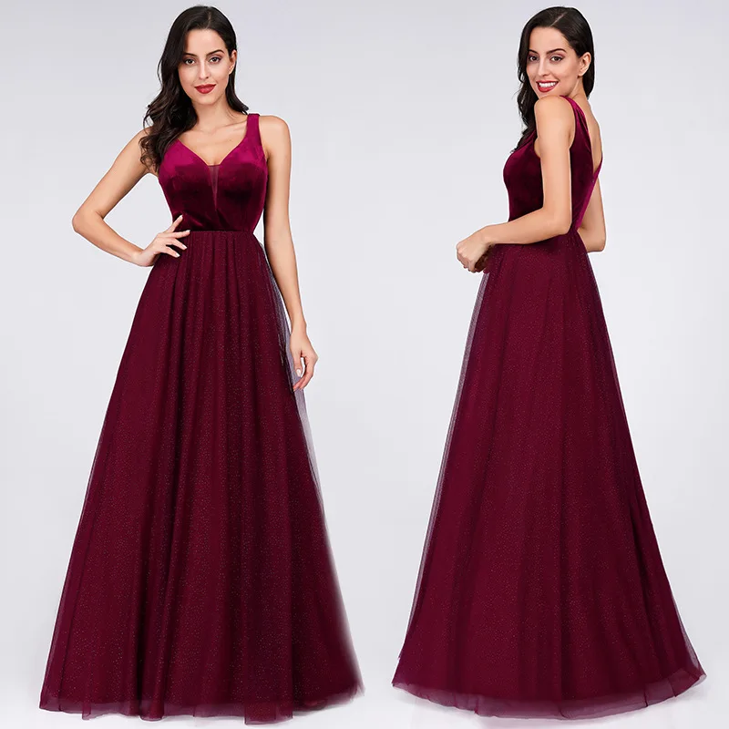 

Velour Evening Dresses Burgundy A-Line Women Party Dress R136 V-Neck Sleeveless Formal Banquet Gowns Tank Elegant Robe De Soiree