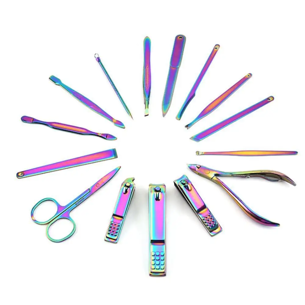 15 шт. Радуга маникюрный набор с Чехол Нержавеющая сталь, кусачки для маникюра/педикюра, триммер, ухо набор крючков для захвата нити для педикюра, на палец Маникюрный Инструмент уха Палочки набор