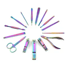 15 шт. Радуга маникюрный набор с Чехол Нержавеющая сталь, кусачки для маникюра/педикюра, триммер, ухо набор крючков для захвата нити для педикюра, на палец Маникюрный Инструмент уха Палочки набор