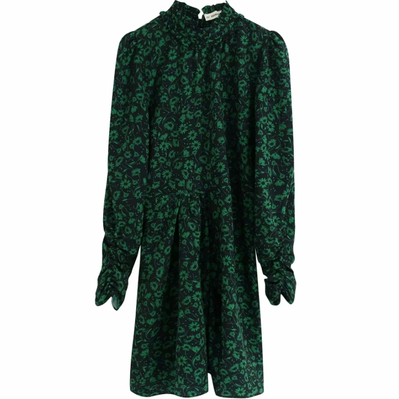 2020 New Women Vintage Green Flower Print Casual Pleats Mini Dress Ladies Puff Sleeve Vestidos Chic Ruffles Party Dresses DS3318 2020 New Women Vintage Green Flower Print Casual Pleats Mini Dress Ladies Puff Sleeve Vestidos Chic Ruffles Party Dresses DS3318