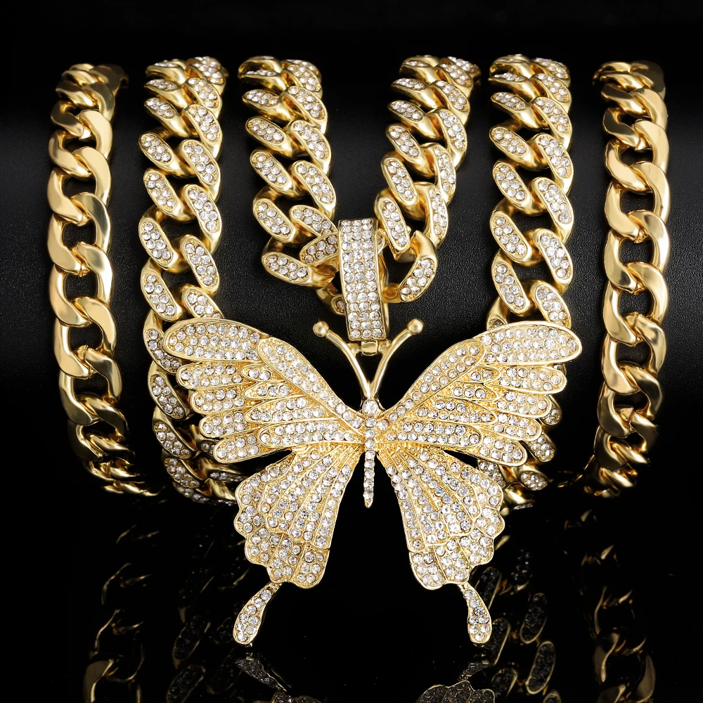 

Модное ожерелье с кулоном в виде большой бабочки, Женская Блестящая кубинская цепочка, ожерелье с кристаллами, ювелирные изделия для вечеринок для мужчин и женщин