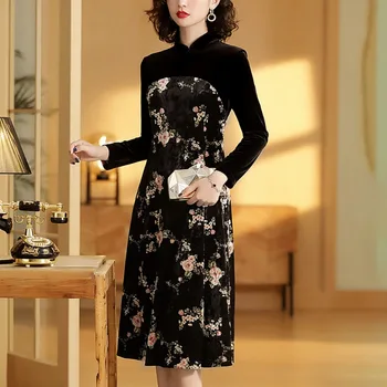 

2020 Women Cheongsam Dresses Floral Print Elegant Long Sleeve Autumn Dress High Waist Temperament Stand Neck Dress Autumn