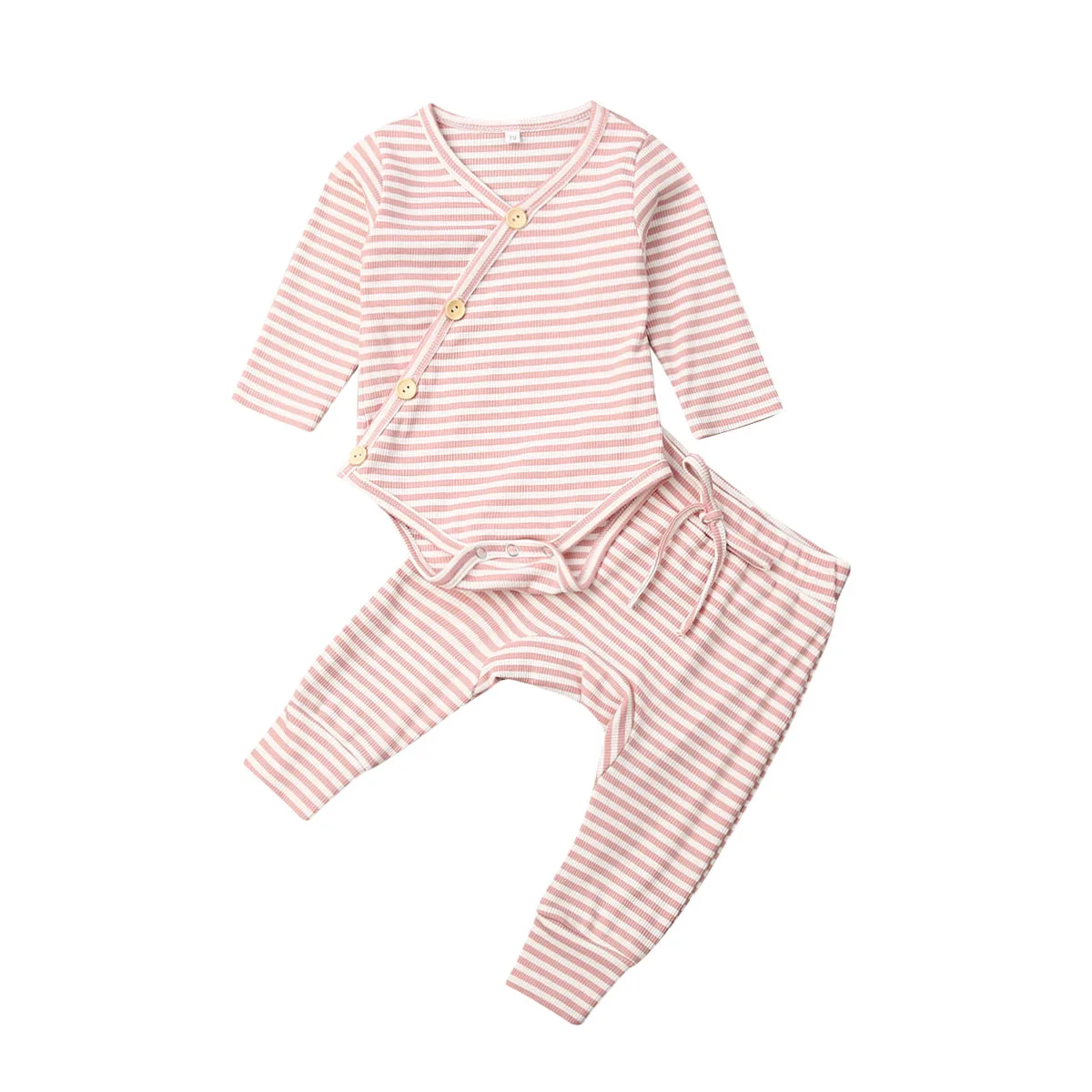 Осенняя одежда, 2 предмета, Одежда для новорожденных девочек и мальчиков, вязаный полосатый комбинезон с v-образным вырезом, комбинезон с пуговицами, комплект со штанами, комплект для малышей 0-18 месяцев - Цвет: Розовый