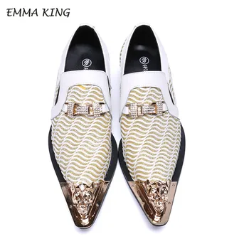 

EMMA KING Metal Men Genuine Leather Oxfords Slip On Mens Wedding Dress Shoes Loafers Crystal Square Toe Business Leather shoes