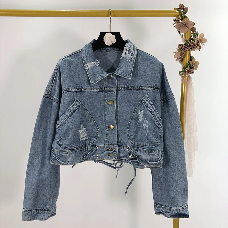 

GT80 Hong Kong Style GIRL'S Sense of Design Bandage Cloth Buckle Short Jeans Coat Women's Early Autumn Harajuku-Style Large Pock