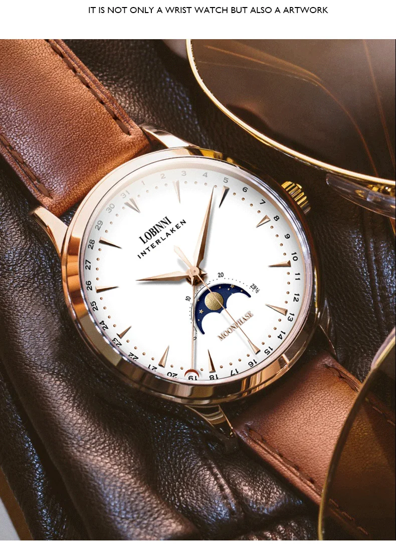 Часы Moonphase, Мужские автоматические часы LOBINNI, люксовый бренд, водонепроницаемые мужские нарядные механические наручные часы reloj hombre