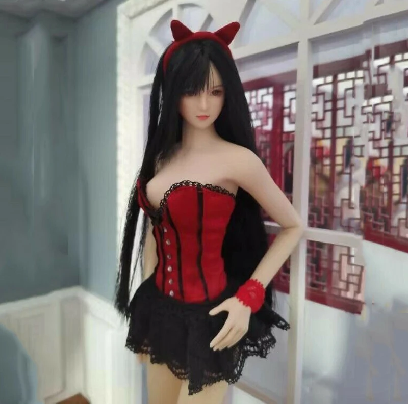 

1/6 Scale 1/6 Red Corset Tight Skirt Lace Short Dress Set F 12 inches female action figure Body