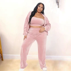 Plus Size Set Women Velour Tracksuit Sexy Vest and Long Sleeve Hooded Pants Sets Ladies Jogging Suits Dropshipping Wholesale