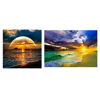 

2 Set Full Round Diamond 5D Diy Diamond Painting Embroidery Cross Stitch Rhinestone Painting Decor - Sunset 30X30Cm & Beach Suns