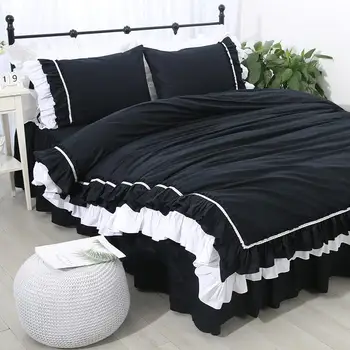 

Free shipping 100%cotton Korean princess solid color black gray ruffles bed skirt kit bedding set twin full queen king size YYX