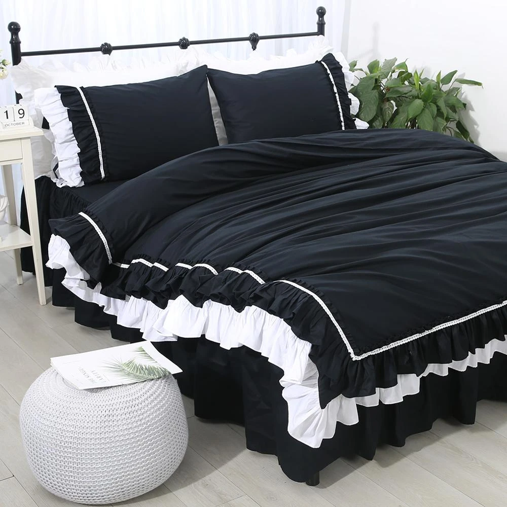 Free Shipping 100 Cotton Korean Princess Solid Color Black Gray Ruffles Bed Skirt Kit Bedding Set Twin Full Queen King Size Yyx Bedding Sets Aliexpress