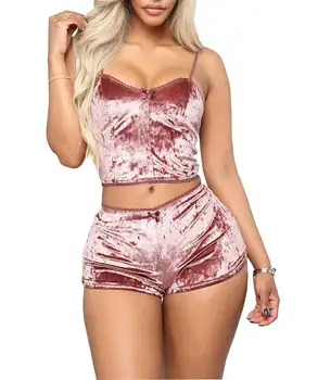 

Hot Women 2 piece set Velvet Sleepwear Sexy Spaghetti Strap Shorts Pajamas Suit Ladies Casual Sleepwear Female Pajama Party Set