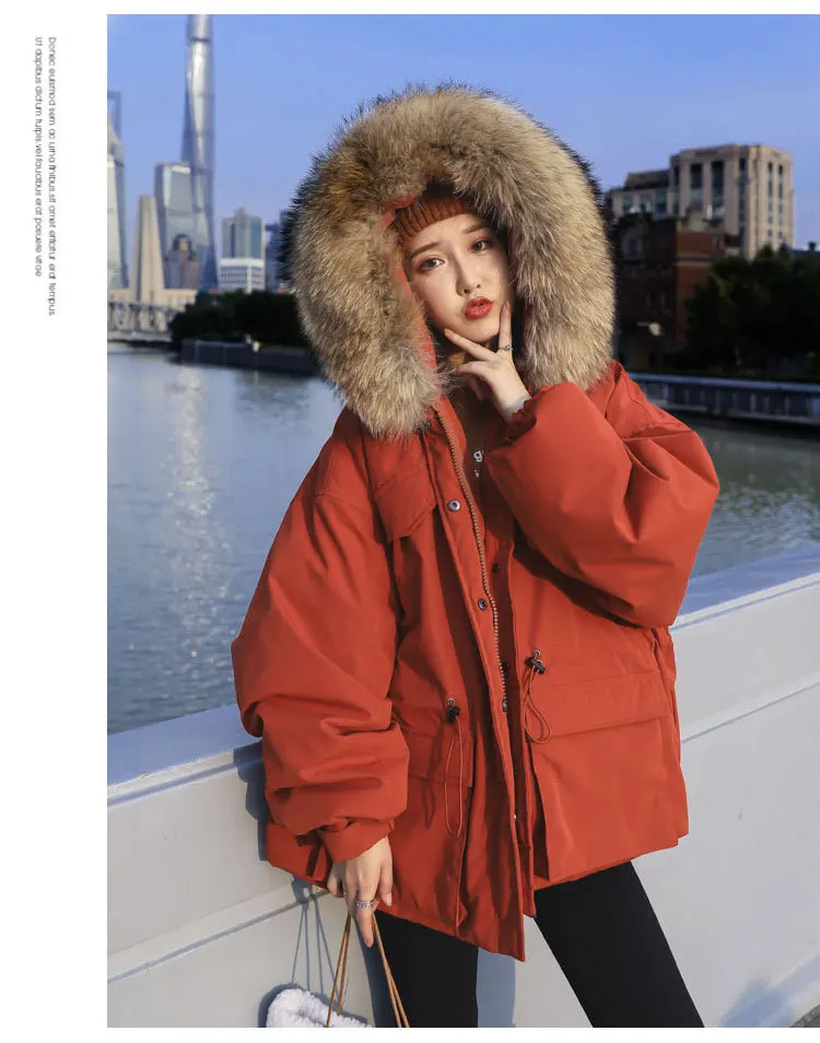 New Down Jacket Women Loose Short Waist Hooded Large Fur Collar Pie To Overcome Thickened Ladies Jacket Tide Clothing