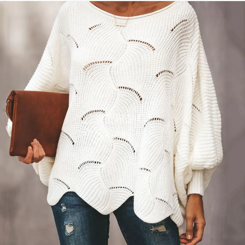Осенний и зимний свитер женский полый крючок цветок свободный свитер летучая мышь рубашка - Цвет: Белый