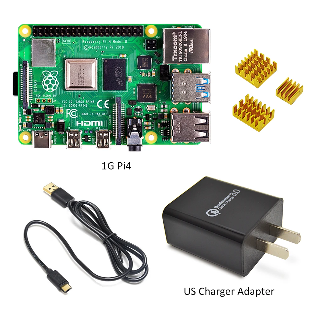 Raspberry pi 4 модель kit-1GB ram BCM2711 четырехъядерный процессор Cortex-A72 ARM v8 1,5 ГГц с зарядным устройством типа c для ЕС/США+ радиатор Pi 4
