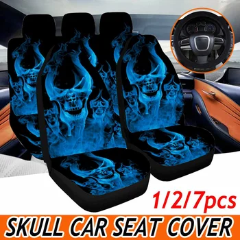

1/2/7PCS Car Seat Covers Set Front and Back Skull Universal Fit Van Car Seat Cushions Protector with Steering Wheel Cover