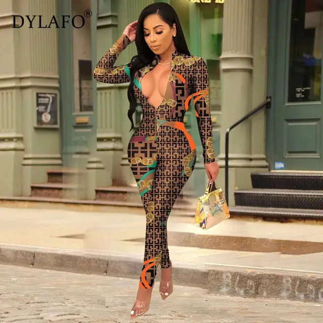 2019 New Sexy Stand Neck Skinny Rompers Zippers Long Sleeve Print Womens Jumpsuit Streetwear Plus Size Ladies JOverals 3