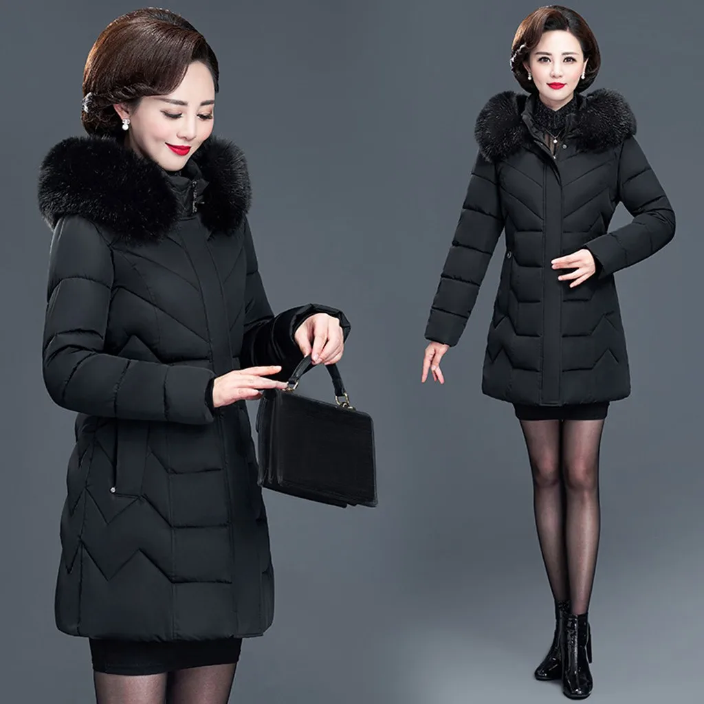 Женское пуховое пальто размера плюс, зимнее пальто с меховым воротником и капюшоном для женщин среднего возраста, Женская Длинная толстая куртка, пальто, верхняя одежда, chaqueta mujer