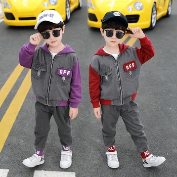 

INS hot boys suit 3-9 years old cotton Denim stitching printed Chinese characters 2-piece suit kids clothing boys clothes