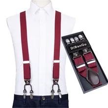 Модные подтяжки из натуральной кожи, 6 зажимов, мужские винтажные повседневные брюки для свадебной вечеринки, мужские красные Эластичные подтяжки DiBanGu