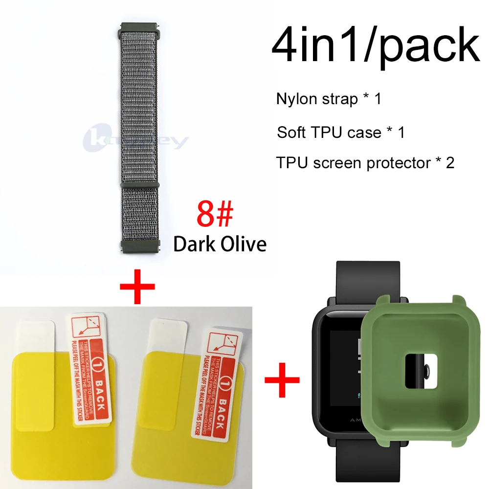 4в1/упаковка нейлоновый ремешок для Xiaomi Huami Amazfit Bip BIT Youth Watch ремешок на запястье браслет Резина Amazfit bip мягкий чехол - Цвет: 8-Army Green case