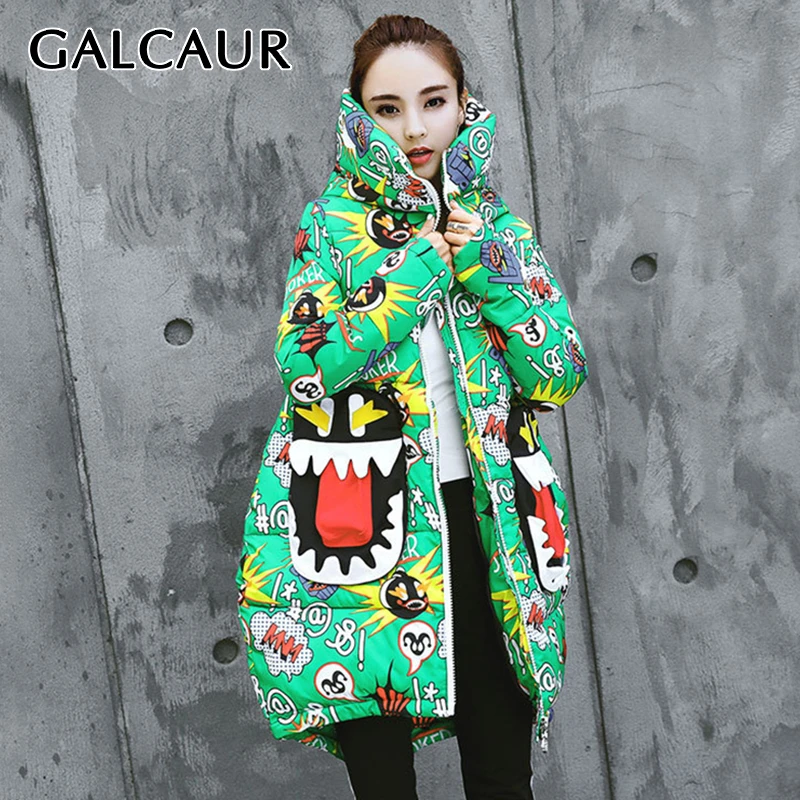 GALCAUR/женские пуховики с рисунком из мультфильма, с капюшоном, с длинными рукавами, на молнии, теплые плотные женские пальто, зимние, большие размеры, модные, новые