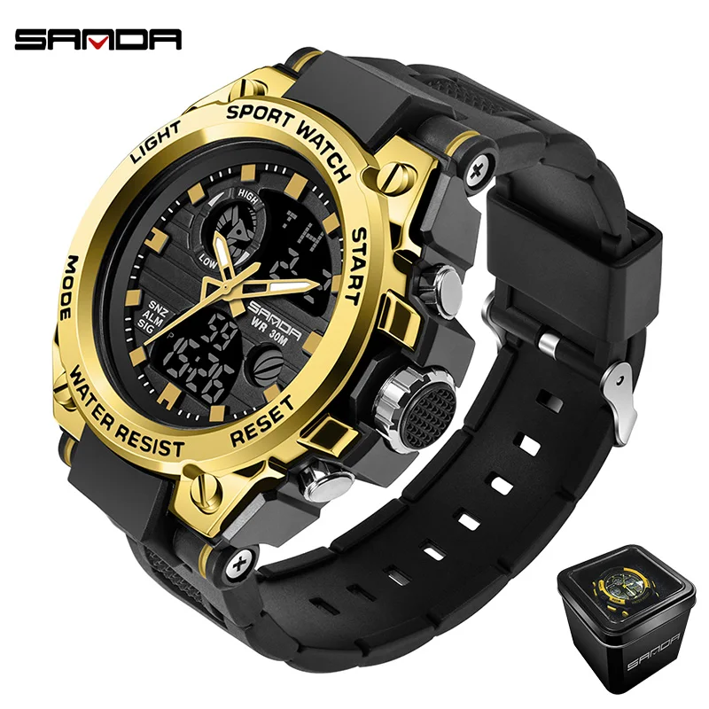 

Sanda Gold Men's Fashion Multifunctional Electronic Watch Outdoor Sports Dual-Display Waterproof Luminous Digital Watch