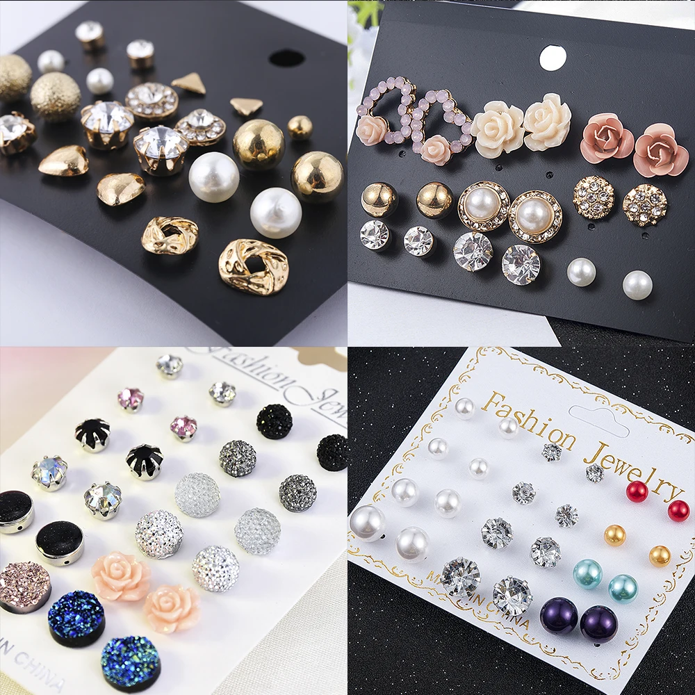 

2019 Crystal Simulated Pearl Earrings Set Women Jewelry Accessories Piercing Ball Stud Earring Kit Bijouteria Brincos Wholesale
