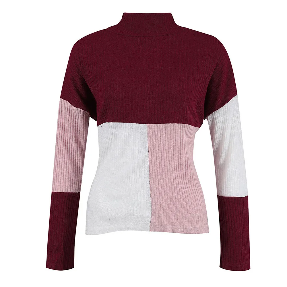 Jaycosin Women Colorblock Stand Long Sleeve Knitted Loose Sweater Tops Casual Quality Attractive Jumper Pullover Top Blouse