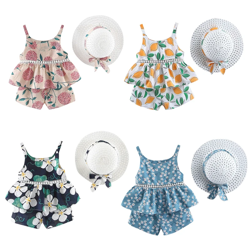 

Toddler Baby Kids Girls Floral Fruit Strap Tops Shorts Outfits Hat Casual Set Summer Baby Girls Clothing Set Children Clothes