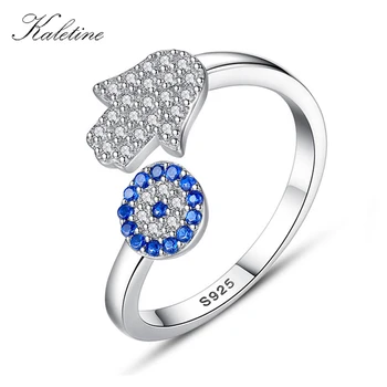 

KALETINE Hamsa Hand Ring Evil Lucky Eye Sterling 925 Silver Rings Open Finger Rings CZ Blue Eyes for Women Fine Jewelry