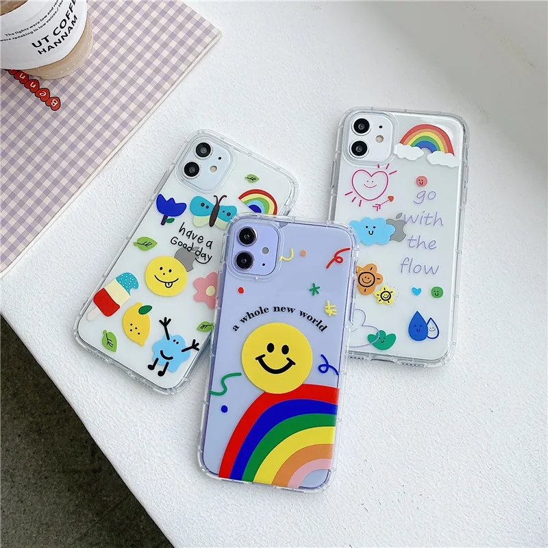

Cute Flower Rainbow Phone Case For iPhone 11 11Pro Max XS Max X XR For iPhone 8 7 Plus Case Silicone Transparent Back Cover