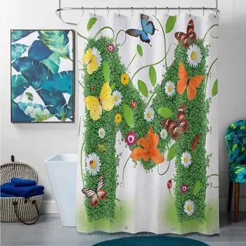 

Shower Curtains Green Floral Letter M,Wildflowers with Butterflies of Various Shapes and Sizes Vibrant Color Image, Green