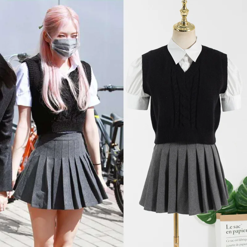 black skirt outfit korean