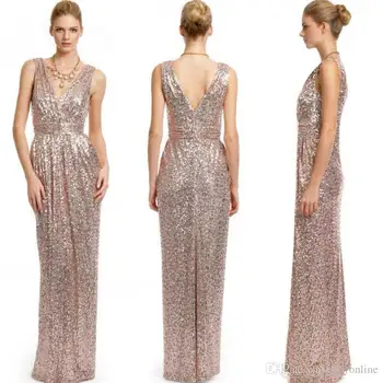 

2015 Rose Gold long Bridesmaid Dresses Plus Size Custom Made v-neck sheath Maid Of Honor Cheap Champagne Sequins brides