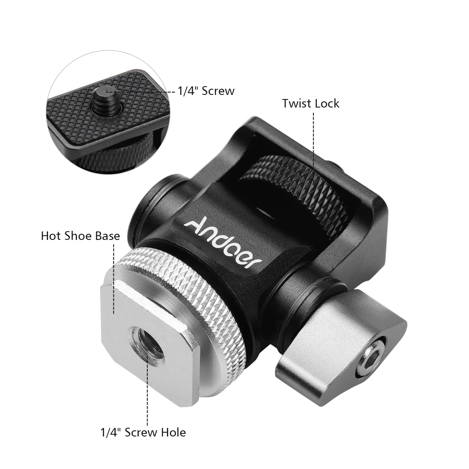 Andoer Mini Monitor Mount Tripod Head Cold Shoe Adapter Aluminum Alloy 1/4 Inch Screw for Camera Flash Microphone LED Fill Light camera screw mount,microphone screw adapter