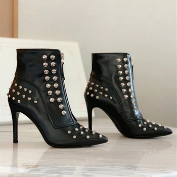 

Rivets RockStuded Women Ankle Boots Sexy Stiletto High Heels Pumps Genuine Leather Women Chelsea Boots Front Zip Short Boots 41