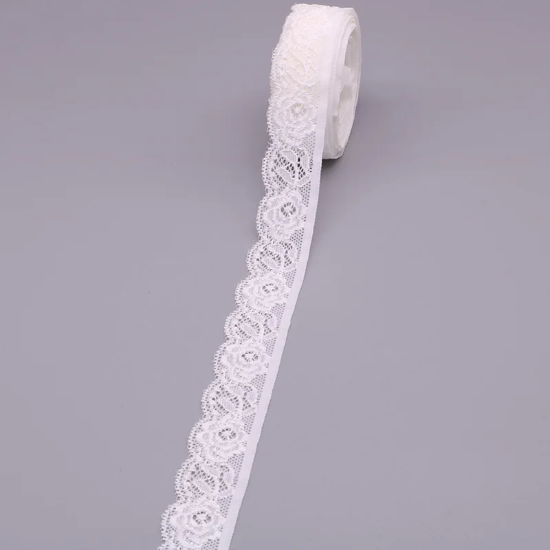 White Embroidered Elastic Lace Ribbon - 10 Yards of 25mm Trim for Sewing, Crafts, and Garment Accessories