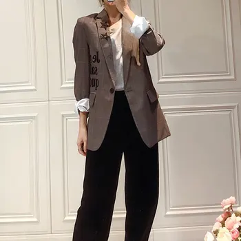 

Women Coat Blue Lined Embroidered Letter Plaid Suit