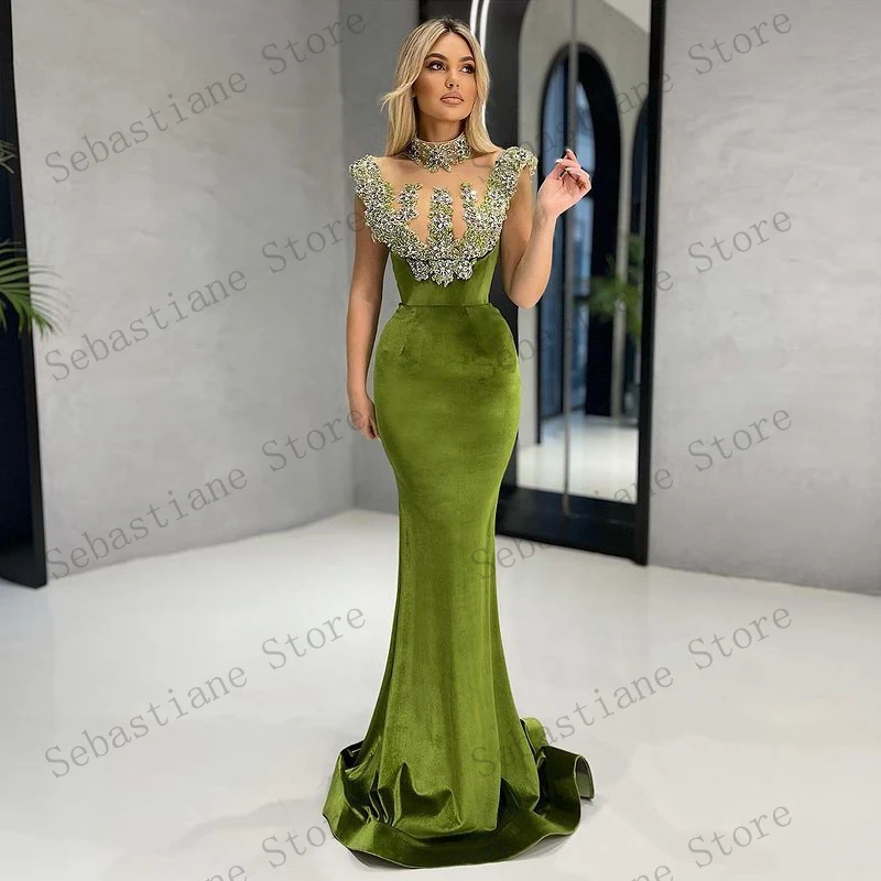 Green Velvet Luxury Mermaid Prom Dresses High Neck Crystals Sparkly Women Long Evening Pageant Gowns Plus Size Custom Made red prom dress