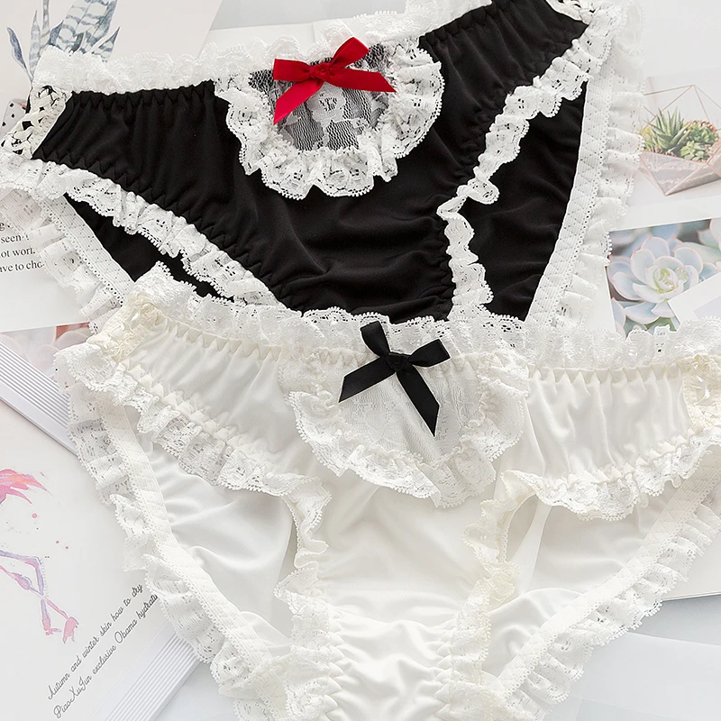 Maid Japanese Underwear Female Lace Trim Bow Side Hollow Ribbon Low
