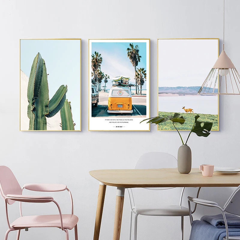 

Tropical Sea Palm Tree Cactus Bus Landscape Wall Art Canvas Poster Nordic Print Painting Wall Picture For Living Room Home Decor