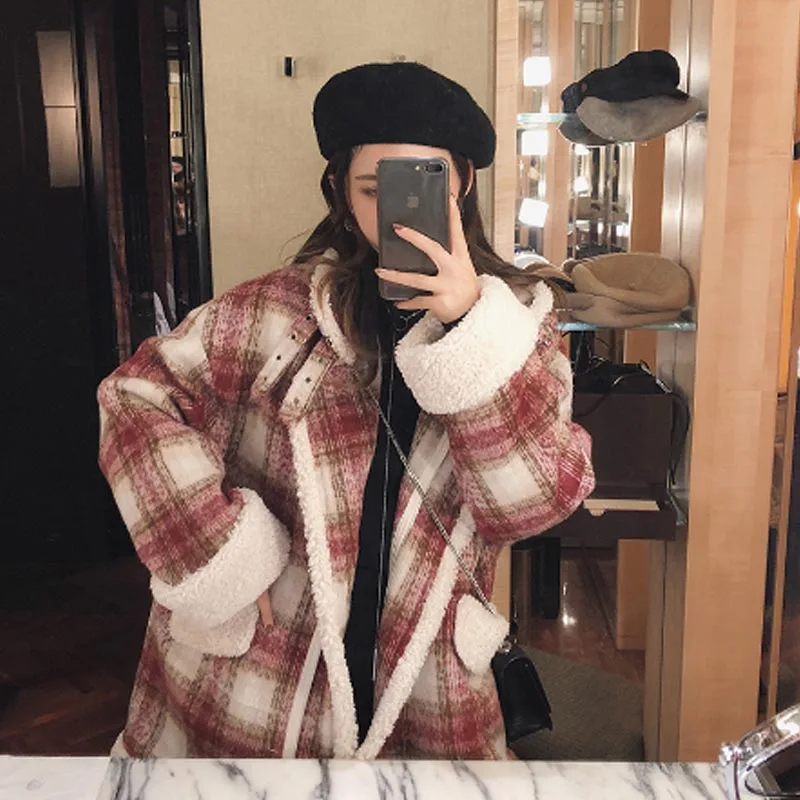 Осенне-зимнее Новое модное красное шерстяное пальто в клетку женское плотное пальто с отложным воротником плюс размер длинная стеганая куртка на молнии 5XL