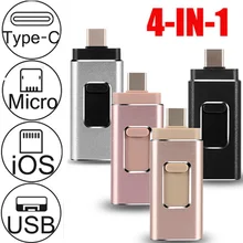 Металлическая 4 в 1 USB флешка для iPhone 128 Гб 64 ГБ 32 ГБ 256 ГБ IOS Флешка usb 3,0 android телефон палка Тип C резервная палка