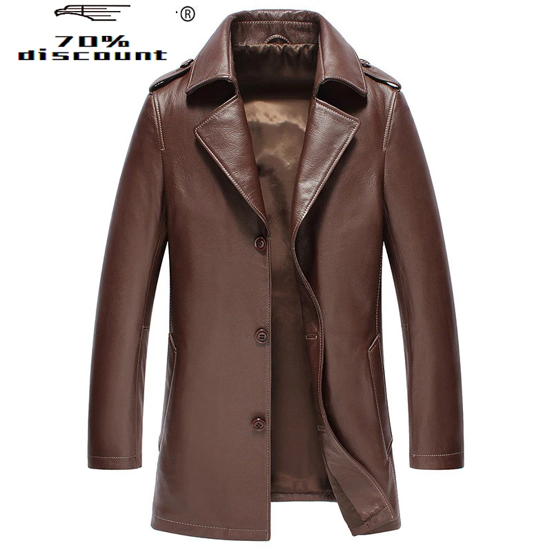 

Spring Autumn Genuine Leather Jacket Men Goatskin Long Coat Men's Windbreaker Blazer Leather Jackets Brown KJ2360