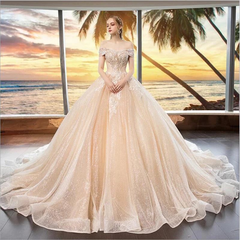 

Luxury Crystal Beaded Wedding Gown Boat Neck Off Shoulder Cap Sleeves Champagne Court Train Wedding Dress Factory Price